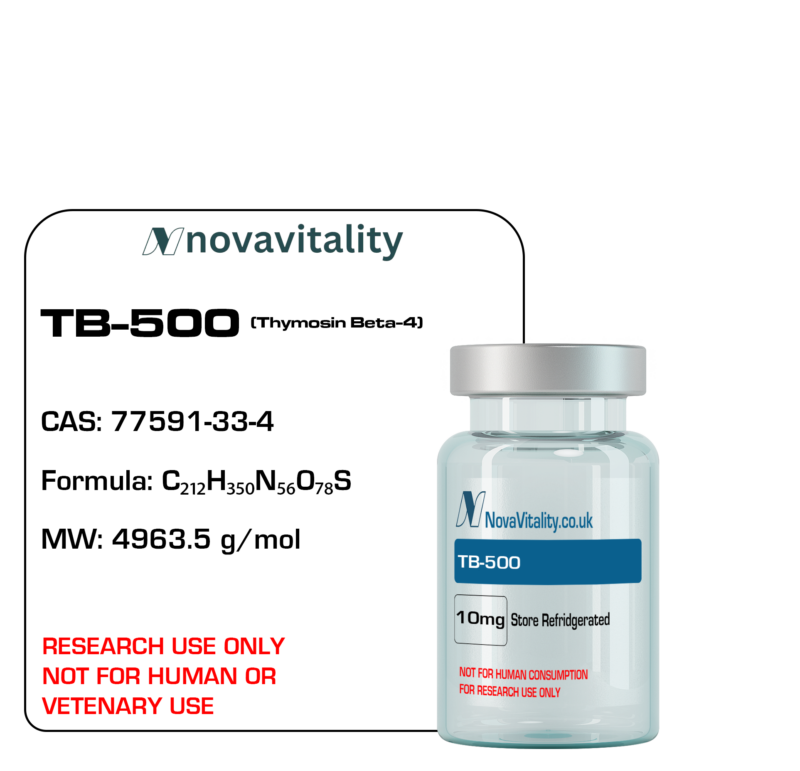 TB-500 (Thymosin Beta-4 fragment) research peptide (CAS 62568-57-4, MW 4963.37 Da): Ac-SDKPDMAEIEKFDKSKLKKTETQEK… for G-actin sequestration, cell migration & tissue repair studies — RUO, UK-supplied, CoA-backed.