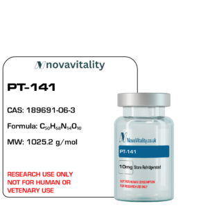 PT-141 Research Peptide — Cyclic Melanocortin Receptor Agonist for CNS Research (RUO, CD-Compliant) PT-141 research peptide (CAS 176200-75-4, MW 1025.22 Da): cyclic MC3R/MC4R agonist for central neuroendocrine & cardiovascular signalling studies — RUO, UK CD-compliant research supply.